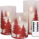 DRomance Christmas Tree Glass Flameless Candles with Remote Timer Battery Operated Real Wax 3D Wick LED Flickering Pillar Candles Christmas Holiday Decor(Red, 3 x 4,5,6 Inch)