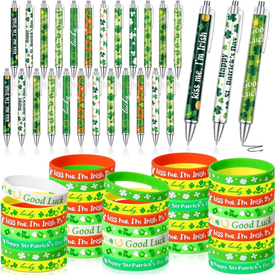 Gersoniel 72 Pcs St Patricks Day Party Favors Accessories St Patrick's Day Pens and Bracelets Gifts Bulk Green Shamrock Wristbands Lucky Clover Pens for Irish Party Goodie Bag Stuffers Office Supplies