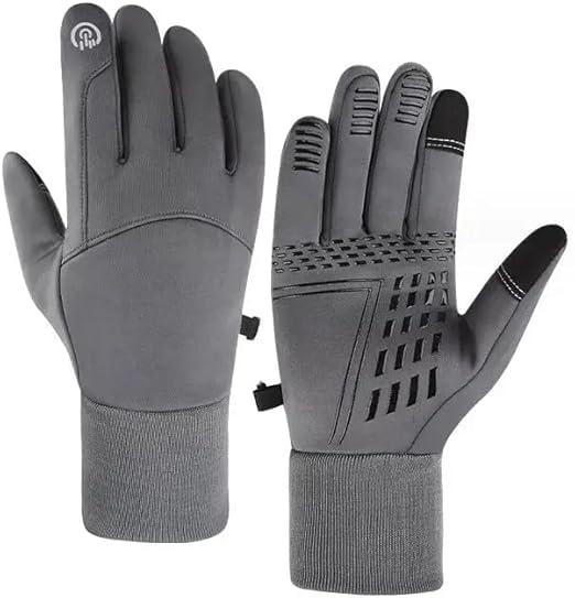 Winter Touchscreen Gloves, Gray, Waterproof PU Material, Thermal Cold Weather Gloves for Running, Skiing, Cycling, Mountain Biking Medium