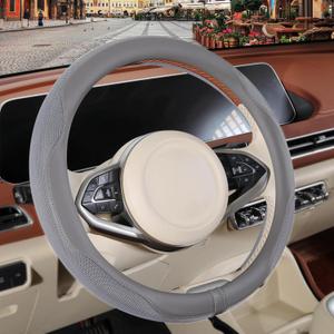 Nappa Leather Gray Steering Wheel Cover, Advanced Microfiber Leather Non-Slip Breathable Fabric, Warm in Winter and Cool in Summer, Universal 15 inch