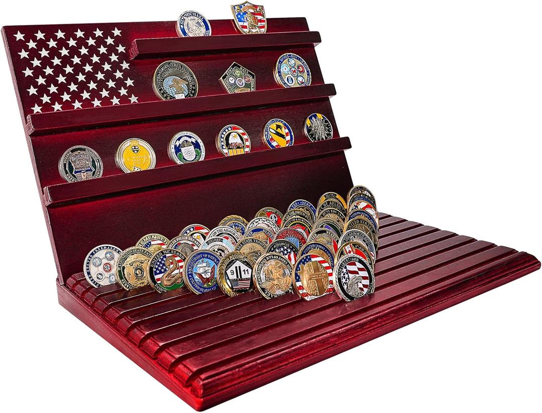Challenge Coin Display Stand, 13-Row Solid Wood Military Coin Holder with Sloped Base, Holds 80-110 Coins, Coin Holders for Collectors (Burgundy)