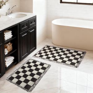 MatEssenz 2 Piece Waffle Bathroom Rugs Checkered Bath Mat Set (17"x24" & 18"x30"), Black and White Weave Bathroom Rugs with Tassels, Non-Slip Quick Dry Shower Mats, Machine Washable Skin-Friendly