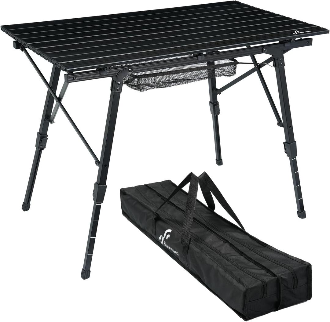 Sportneer Camping Tables That Fold Up Lightweight, Adjustable Height Aluminum Folding Table with Top Mesh Layer, Roll Up Camping Table for Outdoor Camp Picnic Beach RV Backyards Kitchen BBQ (Black)