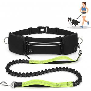 Hands Free Dog Leash 3 Zip Pounchs with Reflective Strips Poop Bag Dispenser,Waist Belt Fanny Pack Waterproof,Dual Handles and Durable Bungee for Dog Walking,Jogging and Running (black-green)