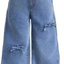 WDIRARA Girls' Bow Decor High Waisted Jeans Straight Leg Elastic Casual Denim Long Pants (Blue)