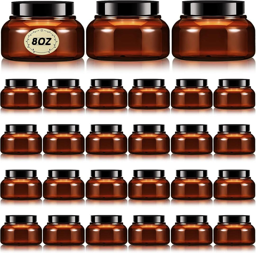 Tessco for you 24 Pack 5/8oz Plastic Jars with Lids Labels Multiuse Slime Containers Empty Body Scrub Jars Round Refillable Cosmetic Body Butter Containers for Makeup Travel(8 oz,Brown)