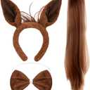 3 Pcs Horse Ears Headband and Tail Bow Tie Halloween Horse Costume Brown Accessory Set for Adult Halloween Animal Cosplay Party