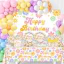 Daisy Birthday Party Decorations 300 Pcs Groovy Flower Plates Napkins Cups Banner Tablecloth Balloons Retro Hippie Birthday Party Supplies for Girl Serve 24