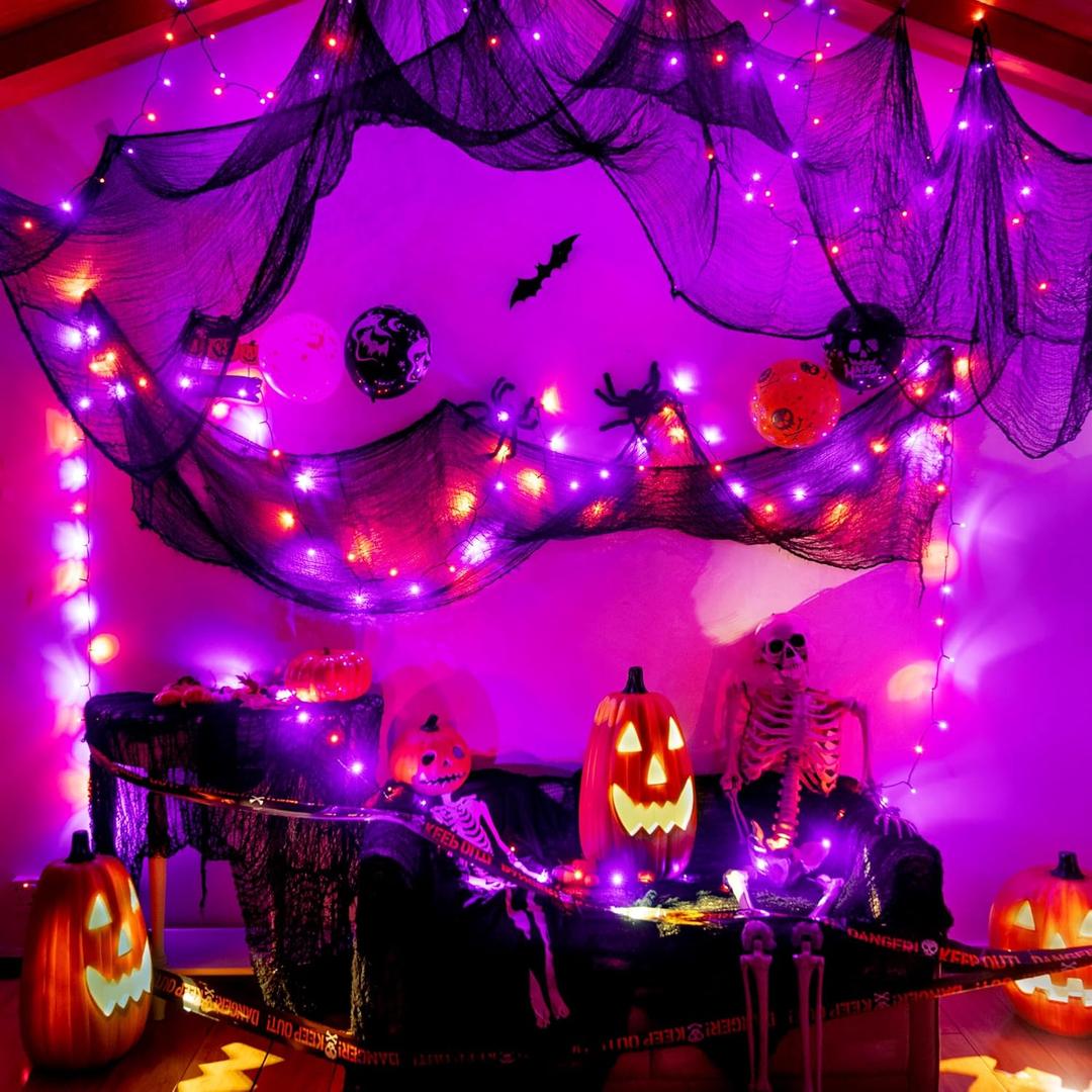 Ollny Halloween Lights 100LED 33FT, Orange and Purple String Lights with Creepy Cloth(197 x 63 in), Battery Operated Fairy Lights with 8 Lighting Modes Timer for Outdoor Party Yard Decor