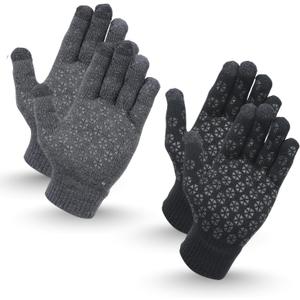 Heat Logic Unisex Thermal Knitted Winter Gloves, Touchscreen Compatible Cold Weather Warm Gloves for Men & Women, Pack of 2 (Grey + Black - With Grip)