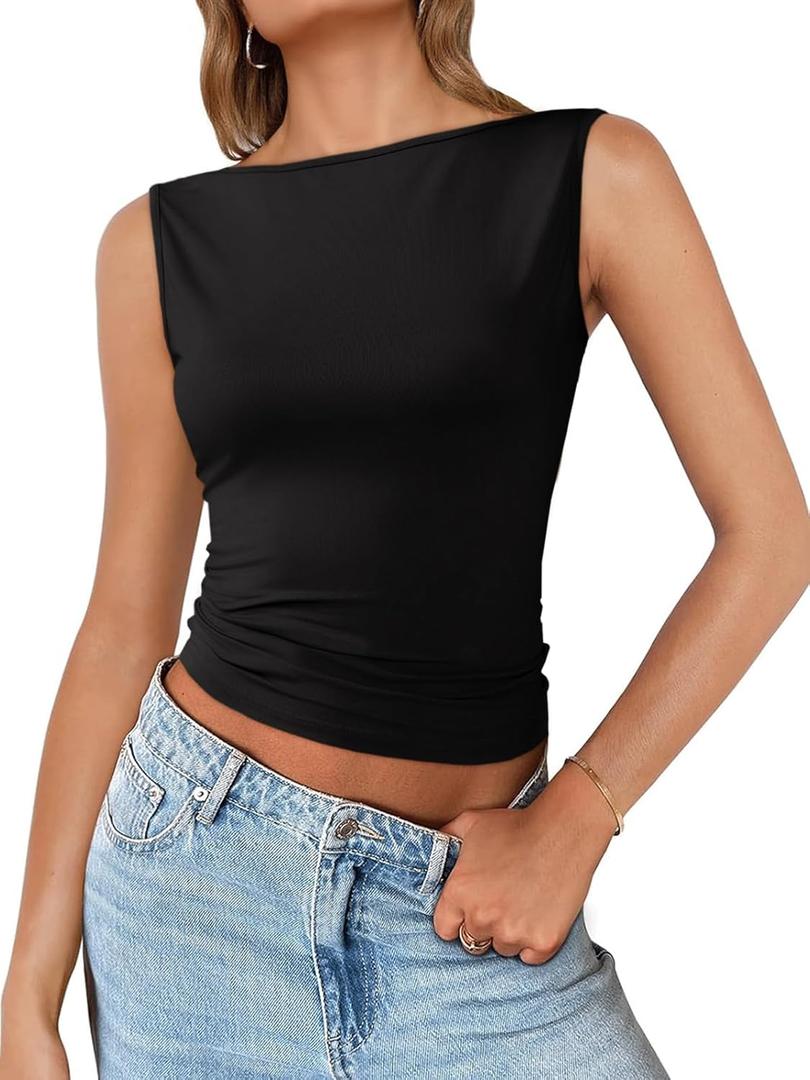 Imily Bela Womens Going Out Casual Tank Tops 2025 Trendy Summer Basic Sleeveless Backless T Shirts Cute Slim Fit Y2K Tee (X-Large, Black)