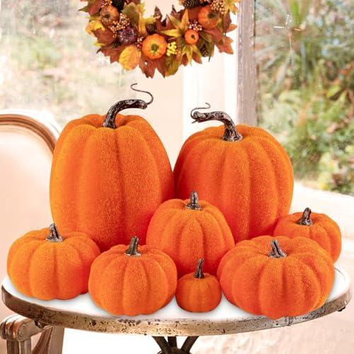 Ywlake Flocked Artificial Pumpkins Fall Decorations, Fake Pumpkin for Autumn Harvest Halloween Thanksgiving Faux Pumpkins Home Table Decor (8 Pcs, Orange)