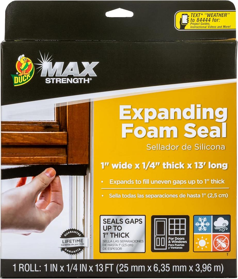 Duck Max Strength Expanding Foam Seal for Doors and Windows, 1 in. x .25 in. x 13 ft., Expands to Fit Uneven Gaps up to 1 Inch Thick, Cut to Size, Black, 1-Roll