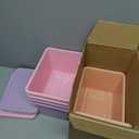 Potchen 6 Pack Cute Plastic Storage Bins with Lids Decorative Stackable Storage Boxes 9.8" 7.3" 5.7" Small Storing Totes for Organizing Craft Office Supplies (Pink, Purple, Orange)