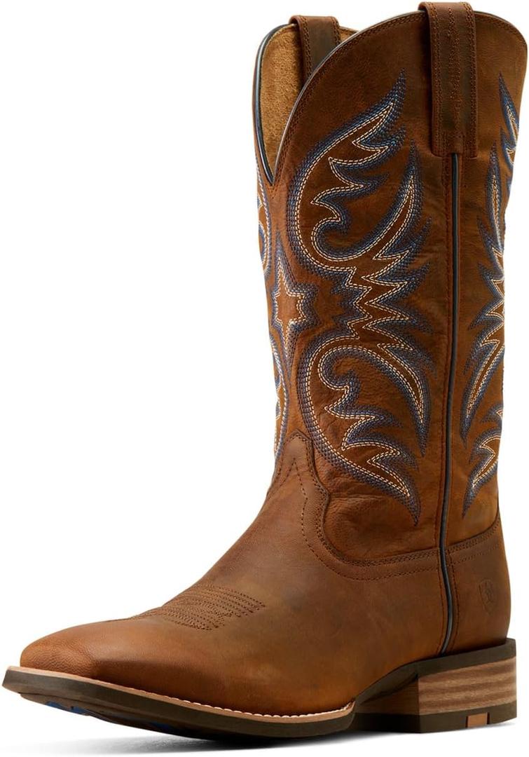 Ariat Mens Ricochet Embroidered Square Toe Pull On Casual Boots Mid Calf - Blue, Brown (7 Wide, Weathered Chestnut)
