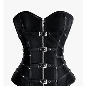 Charmian Women's Gothic Punk Satin Boned Zipper Overbust Corset Top with Buckles,M