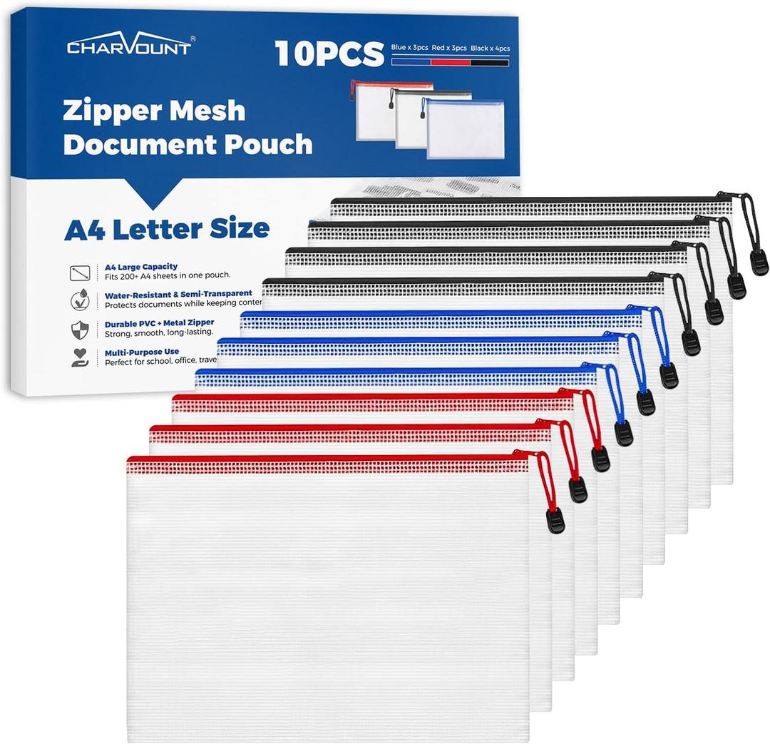 Charmount A4 Mesh Zipper Pouch Bags, Waterproof Plastic Document Organizer Folders, Multipurpose File Bags for Office, School, Toys, Board Games, Puzzles, Travel, and Home Storage Supplies-10 Pack
