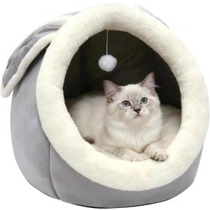 Lcybem Cat Beds for Indoor Cats - Rabbit-Shaped Cat Cave Bed with Hanging Toy,Super Soft Calming Pet Bed for Kitten,Small Dog,Warm Plush&Machine Washable&Removable Cotton Pad,Cat Hideaway