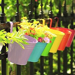 KINGLAKE Flower Pots,10 Pcs Metal Iron Hanging Flower Plant Pots Balcony Garden Plant Planter Baskets Fence Bucket Pot 4'' Flower Holders with Detachable Hook (Multicolor)