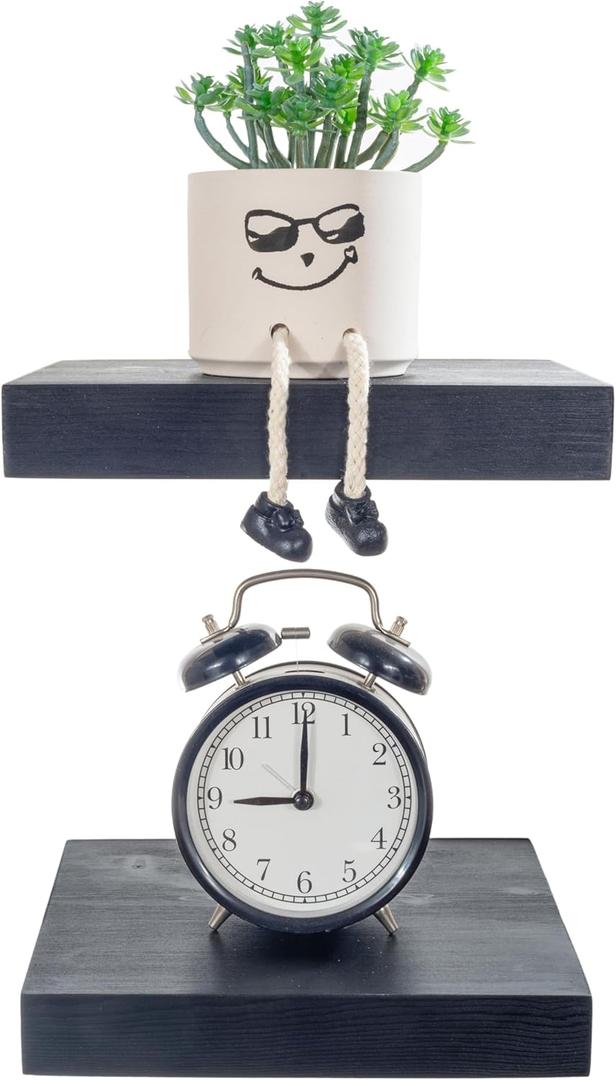 BGMG Small Wood Floating Shelves for Wall 8 inch Set of 2,Black Floating Shelves,Solid Wood Wall Shelves for Bathroom Living Room Bedroom Kitchen Farmhouse-8x 6.7 x1.25 inch