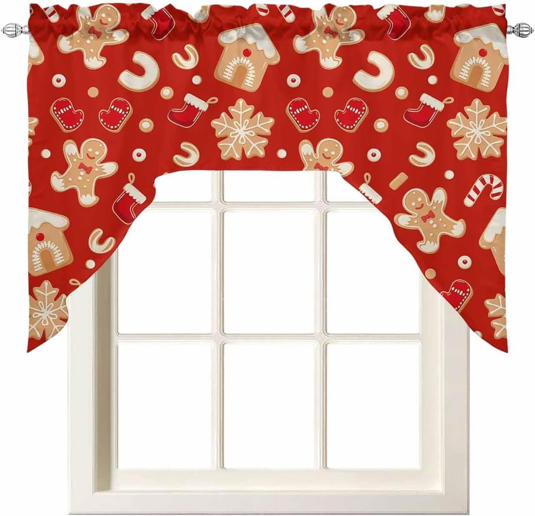 3 x Chic D Christmas Gingerbread Man Swag Valance Curtains for Kitchen, Candy Cane Curtain Valances Rod Pocket Window Curtain, Thermal Insulated Washable Swag Kitchen Curtains 56"x36"