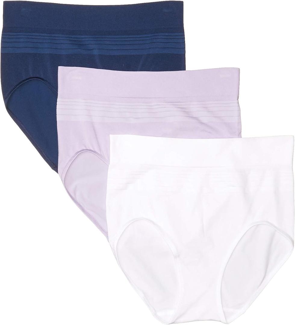 Warner's Women's Blissful Benefits Seamless Bikini Panty 3 Pack (Large, Lavender Macaron/White/Navy Ink)