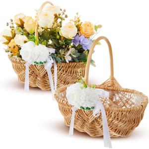 LemonRoad 2 Pcs Flower Girl Basket with Handle 9.8x9.8x5.9 Inches Rustic Hand-woven Picking Storage Elegant Eggs Basket for Wedding Petal Wicker Rattan Outdoor Picnic Home Party Event Decoration