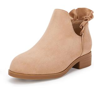 FISACE Girls Ruffled Ankle Boots V Cut Out Chunky Low Heel Dressy Western Booties (13 Little Kid, Light Brown)