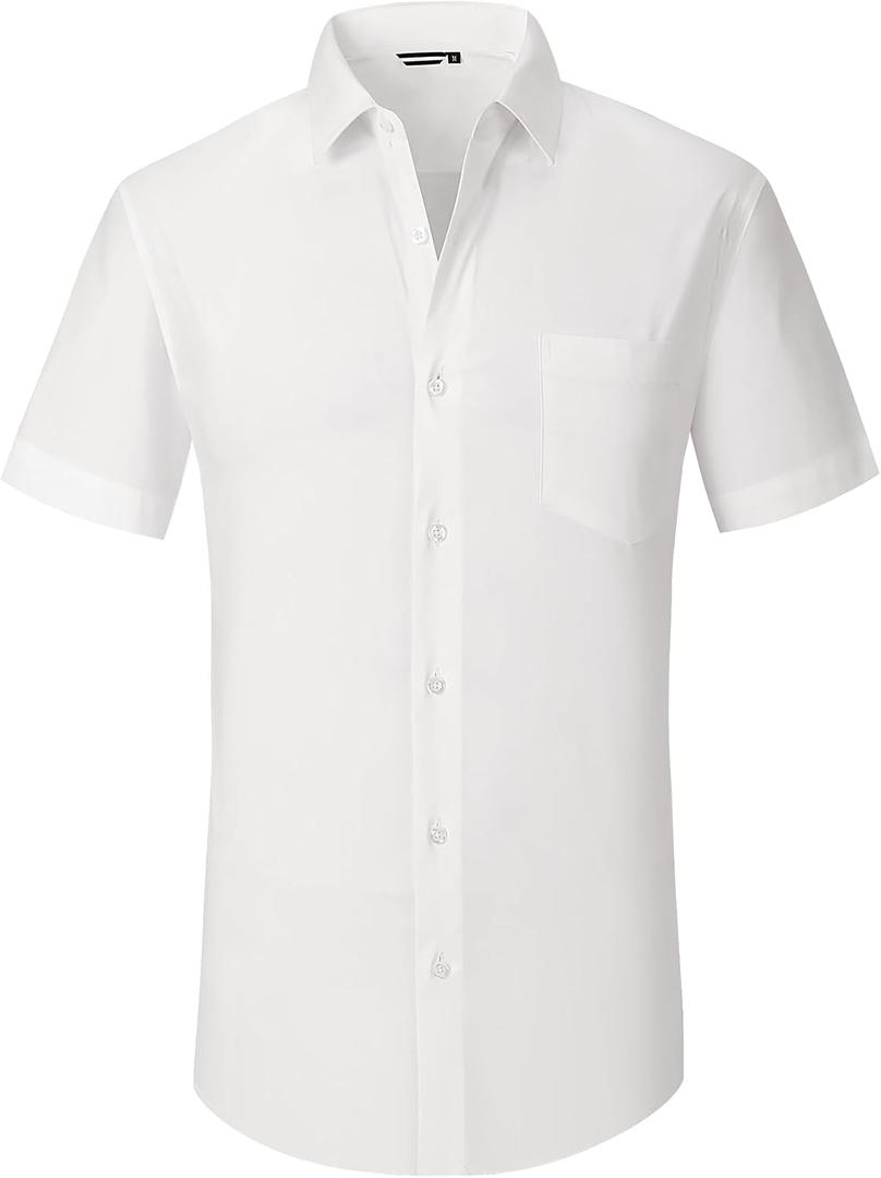 Alex Vando Mens Short Sleeve Dress Shirt Solid Cotton Stretch Button Down Shirt with Pocket (White, L)