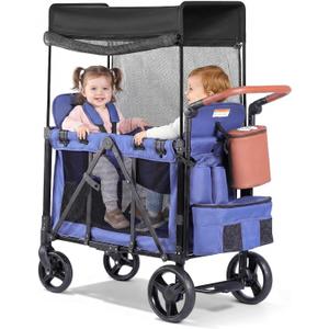 Wagon Stroller for 2 Kids with Insulated Snack Pack Foldable All-Terrain Wagon, 5-Point Harness & Canopy Parent Organizer Adjustable Handle (Blue)