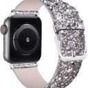 Iiteeology Compatible with Apple Watch Band 46mm 45mm 44mm 42mm, Glitter Shiny Bling Leather Band for iWatch Series 11-1/SE 3 - Silver