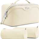 BOYATU Travel Makeup Bag Organizer Cosmetic Bag: 3 Pcs Set Make up Bags for Women with Handle - Waterproof Vegan Leather Toiletry Bags Travel Essentials Pouch with Compartments (C-04-White)
