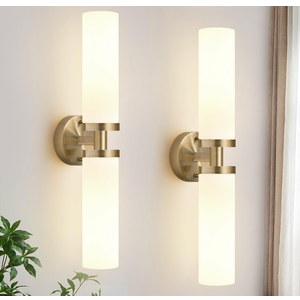 Indoi Wall Sconces Set of Two, Brass Bathroom Sconces Wall Lighting with Milky White Glass, Modern Sconces Wall Decor Set of 2 Bathroom Light fixtures for Mirror Living Room Hallway Bedroom