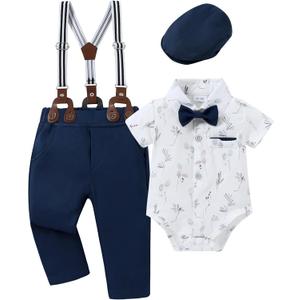 CARETOO Baby Boy Clothes Suit Infant Gentleman Boy Outfits Dress Shirt/Bowtie/Suspender Pants Set 12-18 Months (Navy Blue)