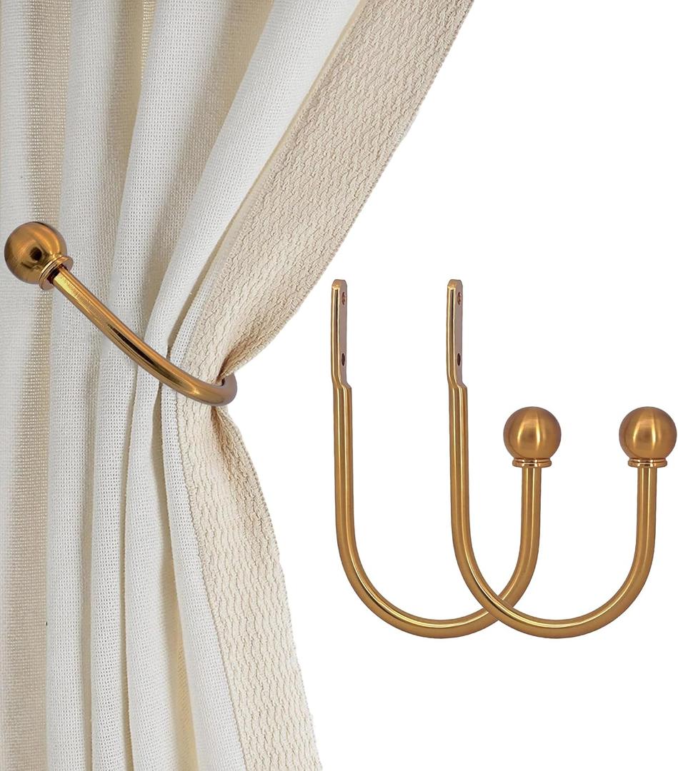 ARONRX Antique Gold Curtain Holdbacks - Solid Steel Window Drapery Tiebacks Heavy-Duty Hooks with French Ball Finial, 2 PCS