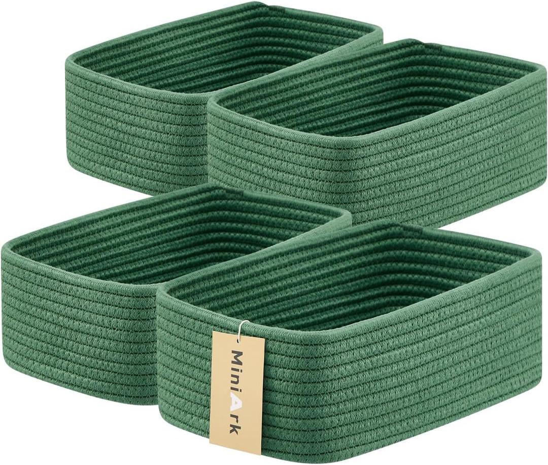 MiniArk Small Storage Baskets for Organizing | Closet Organizer Bins | Shelf Toy Basket | Woven Rope Baskets | Cube Decorative Box | Shallow Basket | 11.5x7.5x4.7 | 4 Packs Green