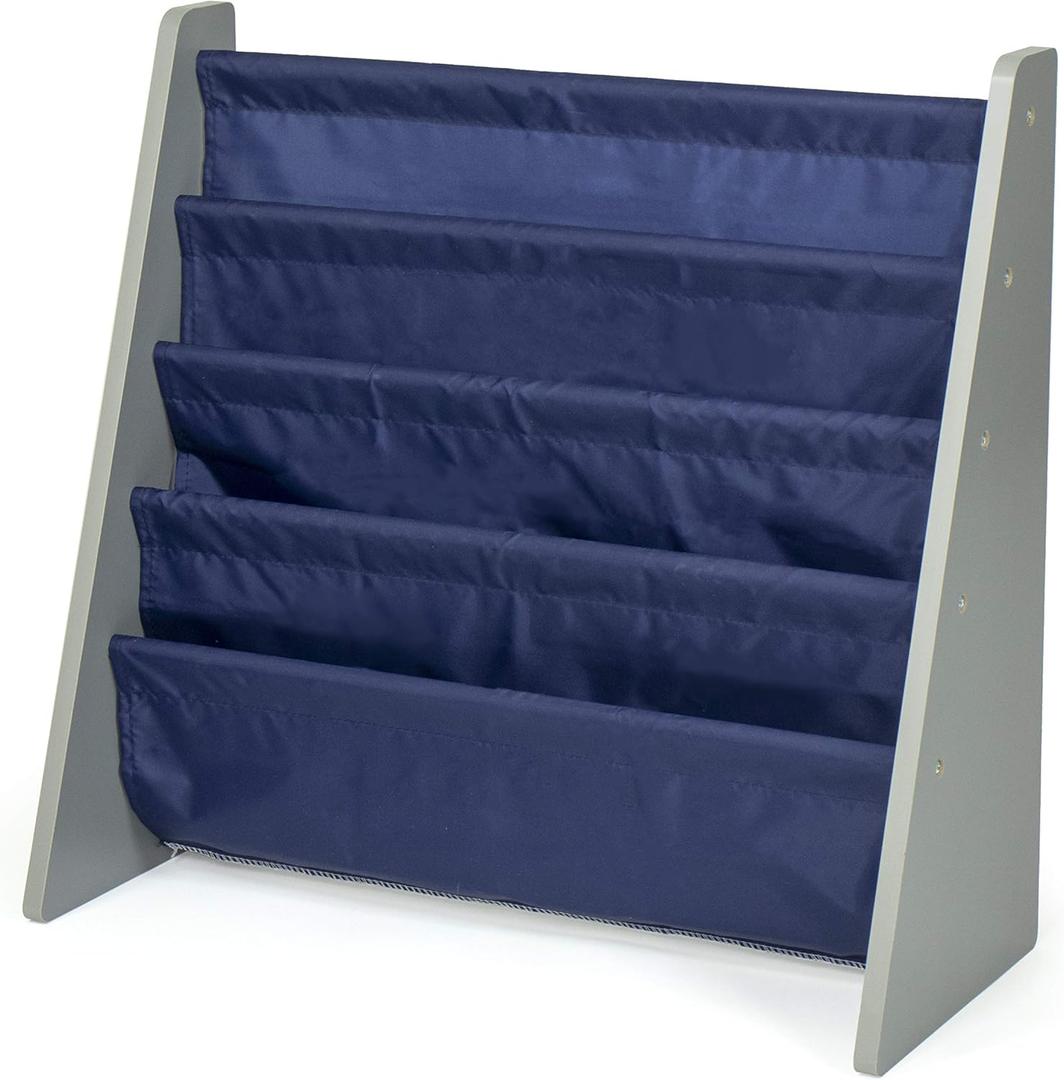 Humble Crew 4-Tier Kids Bookshelf, Grey Wood/Navy - Premium Book Shelf for Kids Rooms with Four Deep Pockets - Toddler Sling Book Rack with Deep Sleeves, Nursery Bookcase Organizer