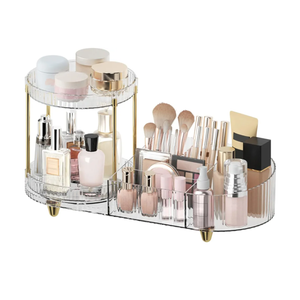 Makeup Organizer Countertop for Vanity, Rotating Perfume Tray with 5-compartment Cosmetic and Skincare Organizers, Multi-Purpose Desk Storage Makeup Brush Holder for Bathroom Bedroom Counter