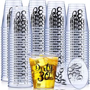 Nuogo 100 Pcs Dirty 30 Plastic Shot Glasses 2 oz Plastic Disposable Cups, 30th Birthday Party Favors for Her and Him Dirty Thirty Birthday Decorations 30th Clear Whiskey Glasses Anniversary(Black)