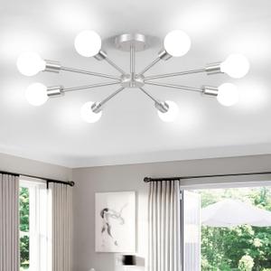Lomoky 8-Lights Brushed Nickel Semi Flush Mount Ceiling Light Fixture, Modern Sputnik Hallway Light Fixtures Ceiling, E26 Close to Ceiling Lighting for Bedroom Dining Room Hallway (Silver)