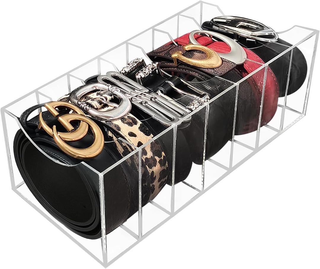 Belt Organizer Storage for Closet, Acrylic Belt Holder Box with 7 Compartments for Drawer, Clear Tie Display Case for Men Women, Home Organization