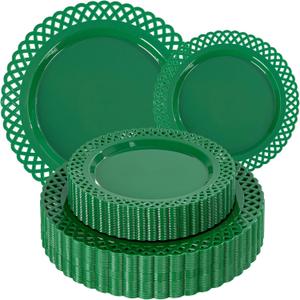 COLOSUS 60Pcs Green Plastic Plates, Fancy Green Scallop Plates, Heavy Duty Lace Hollowed Out Plate include 30 Dinner plate 10 and 30 Salad/Dessert plate 7.5for Party