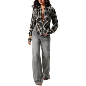 SweatyRocks Women's Plaid Long Sleeve Collared Blouse Casual Side Split Drop Shoulder Going Out Shirt (M)