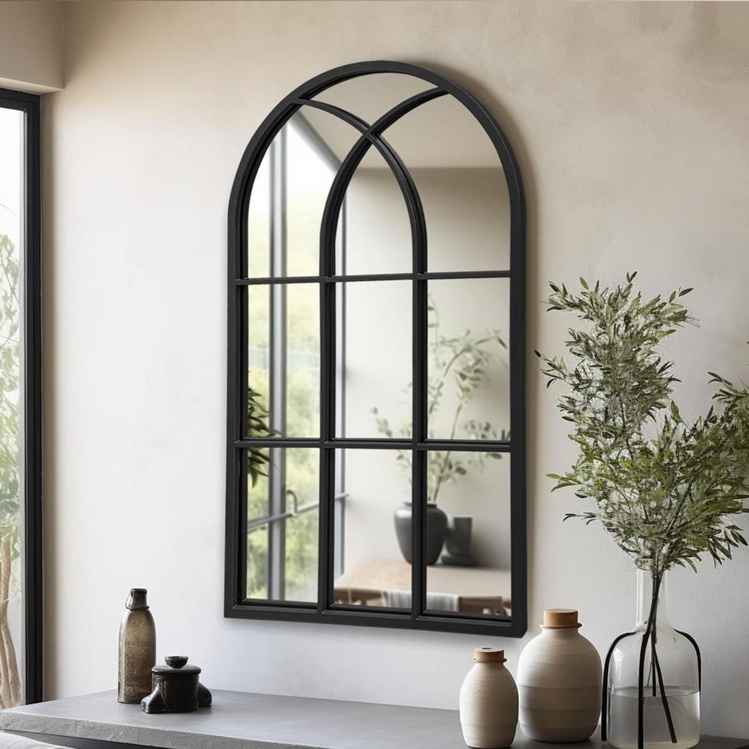 Arched Window Wall Mirror, 42"x24", Decorative Mirror, Vanity Mirrors for Bathroom, Bedroom, Entryway, Living Room, Window Pane or Farmhouse Mirrors for Wall Decor, Metal Frame, Black (42"L x 24"W, Windowpane A-matt Black)