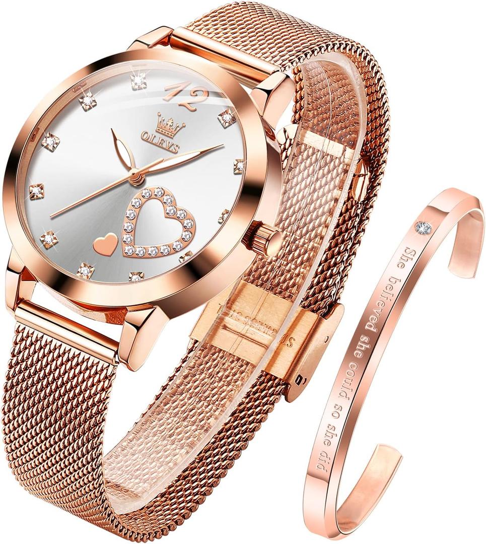 OLEVS Women's Rose Gold Watches Heart Diamond Japanese Quartz Movement Girls Ladies Wristwatch Big Face Waterproof Mesh Belt Watch and Bracelet Set Valentines Day Gift (Rose Gold Band and White dial)