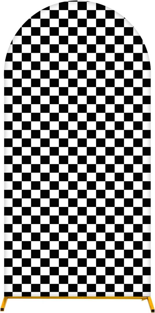 Arch Backdrop Cover 6FT Monster Truck Birthday Party Decorations Black White Checker Arch Covers Spandex Fitted Circle Car Racing Arch Backdrop Covers for Kid Boys Let's Go Racing Party Supplies