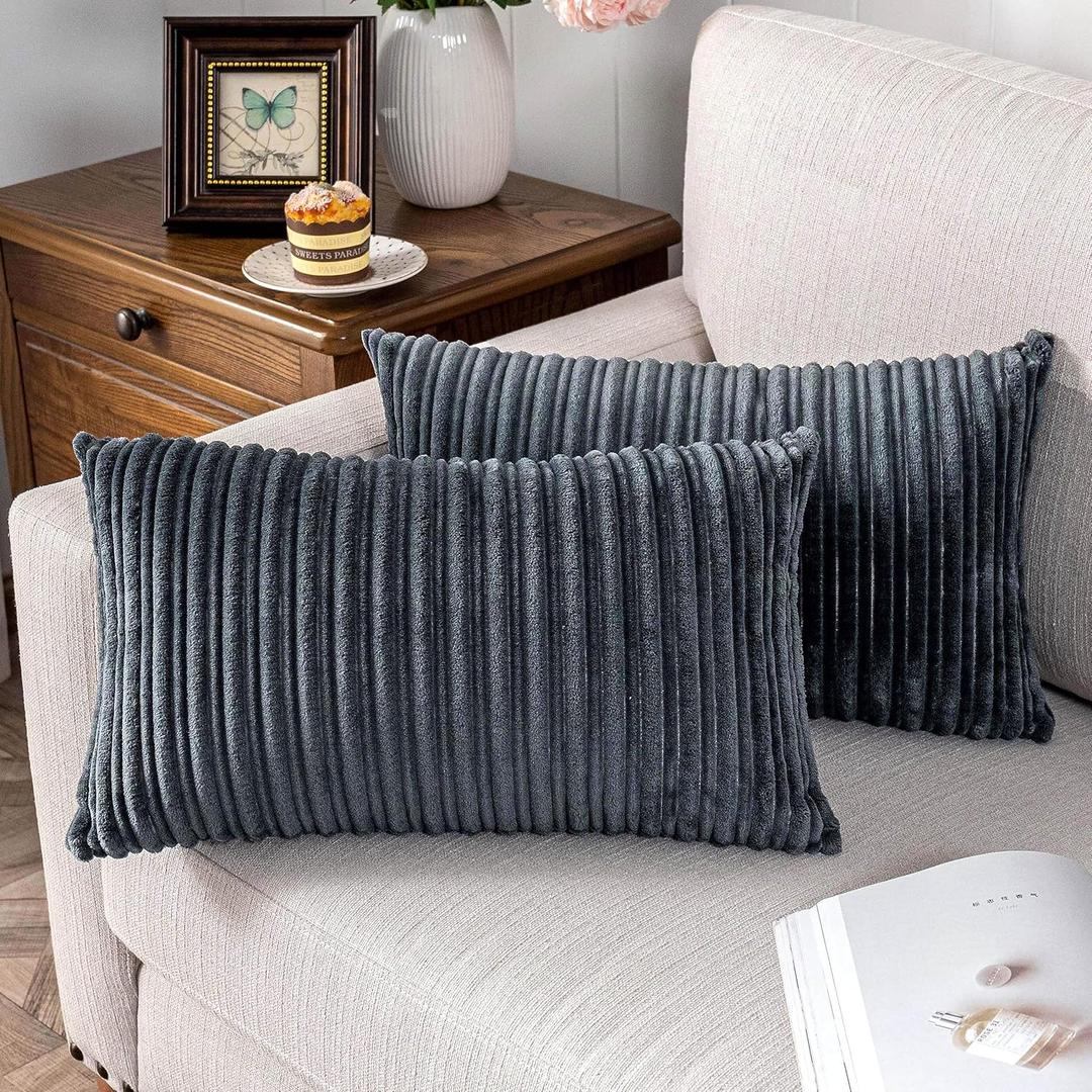 UGASA Velvet Pillow Covers Striped Decorative Throw Cushion Case with Hidden Zipper for Home Couch/Bedroom/Car, Soft Cozy Solid Oblong, 2 Pieces (12"x20", Dark Grey)