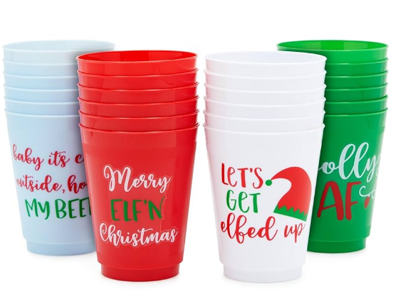Christmas Plastic Party Cups - 24-Pack Reusable Tumblers, 16-Ounce Plastic Cups Holiday Party Supplies, 4 Assorted Festive Drinking Pun Designs, Red, Green, and White, 3.5 x 4.5 Inches