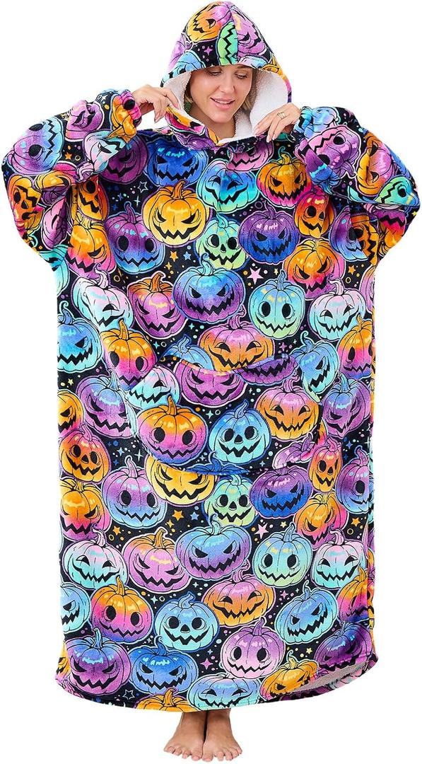Moinlizy Wearable Blanket Hoodie, Long Thick Hooded Blanket Oversized for Adults Women Men with Pocket and Sleeves (Colorful Pumpkin)