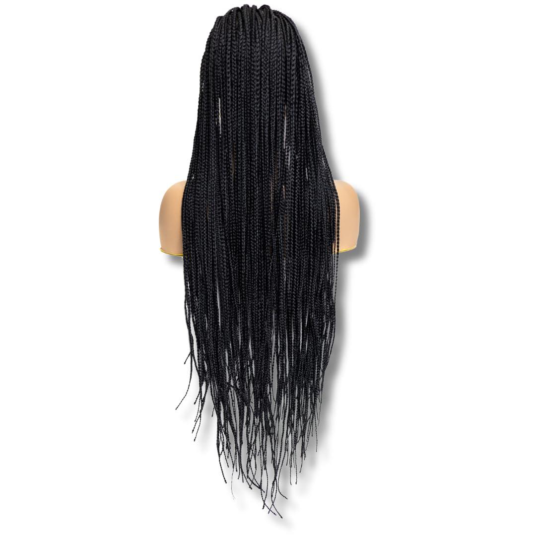 PIB Single Full Lace Knotless Box Braid Wig Square Parted Braided Wigs for Black Women Braid Wig with Natural Baby Hair (#1B Off Black, 32")